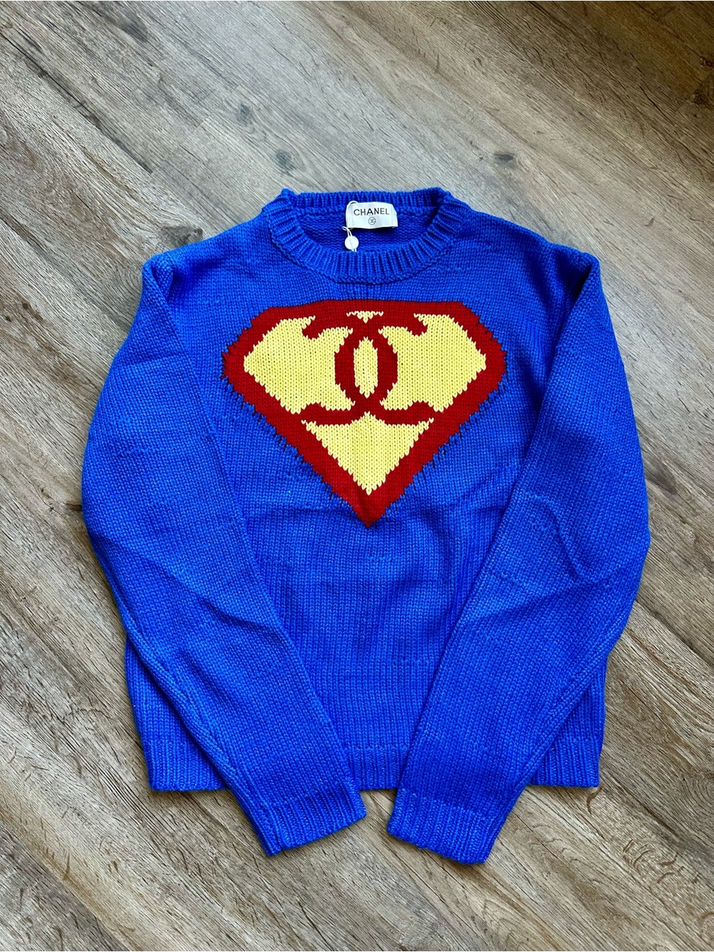 CHANEL Blue Crewneck Sweater with Red and Yellow Logo Intarsia